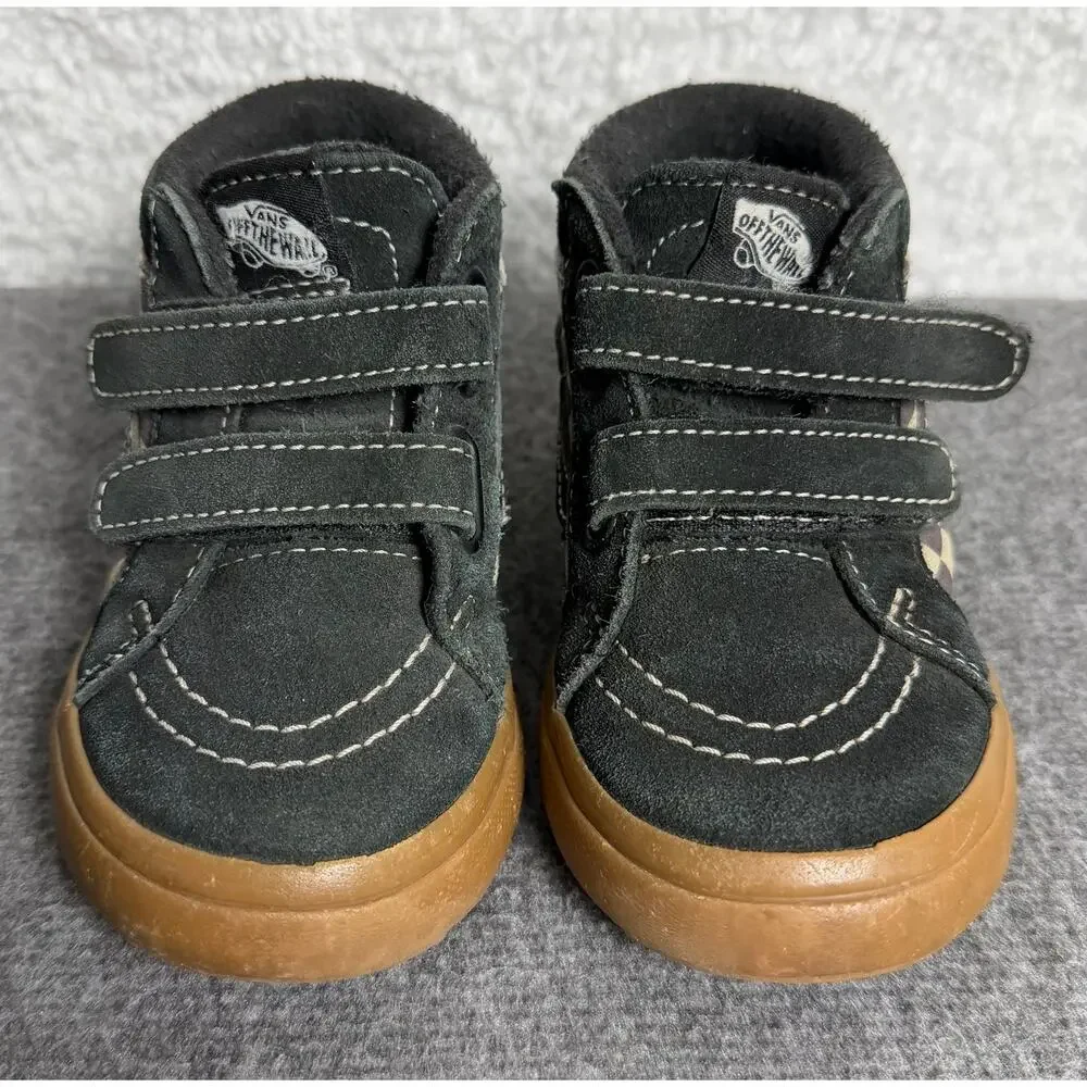 Vans Toddler Sk8-Mid V Black Checkerboard Gum Suede Canvas Hook & Loop Shoes - 7